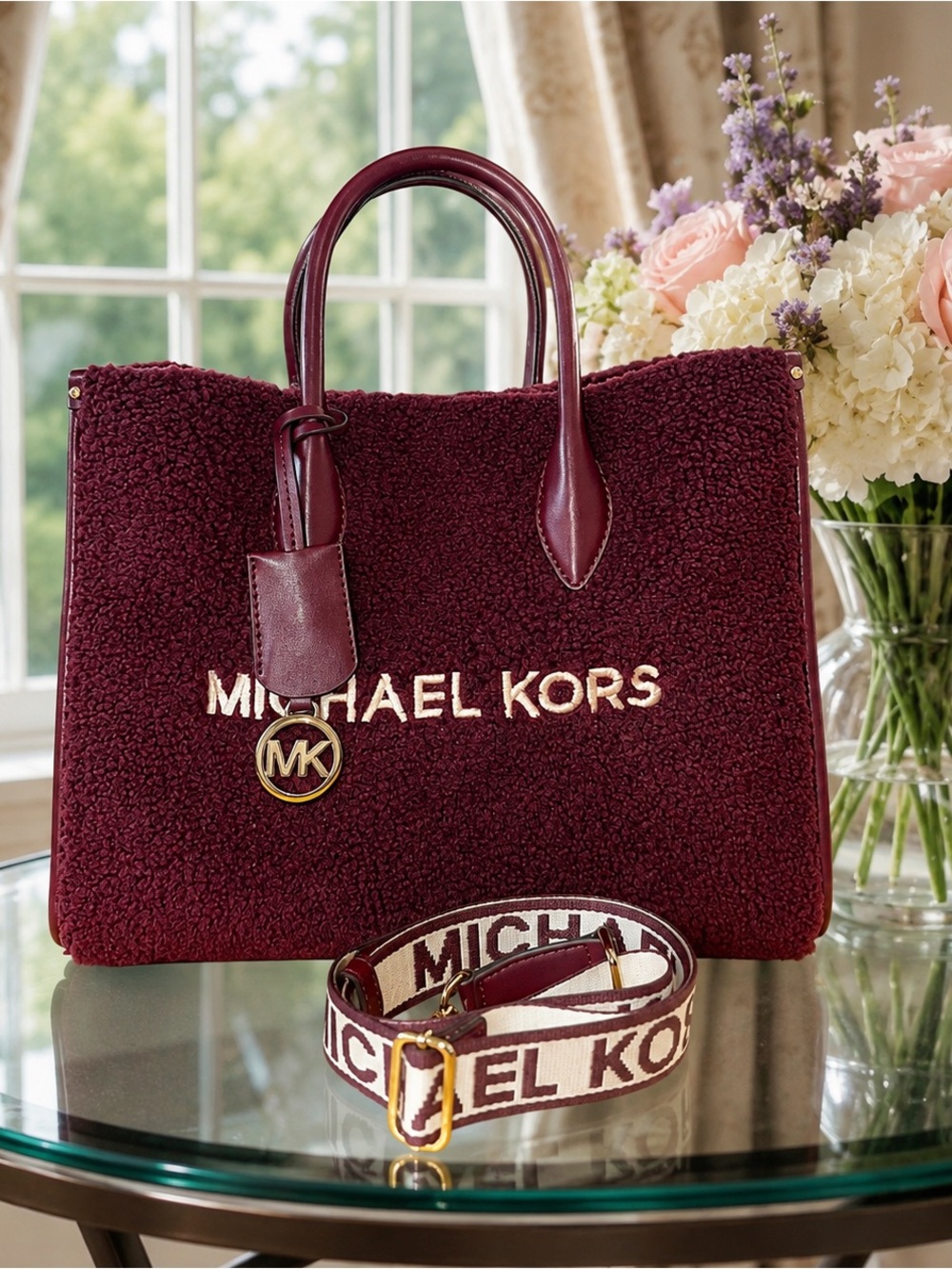 Michael Kors Women's Burgundy Shearling Tote Bag with Logo Strap NWT